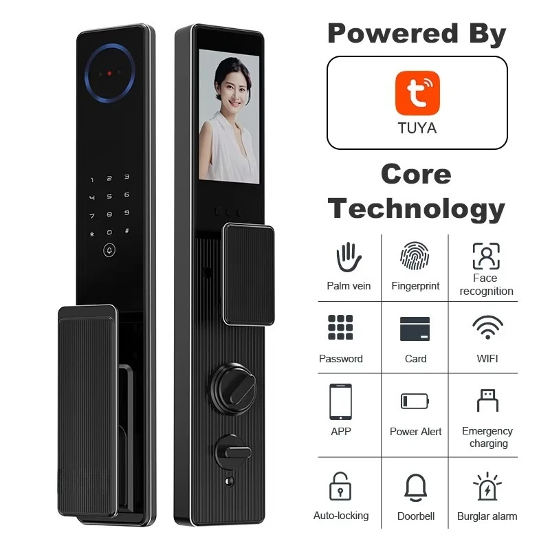 NEW Al Interactive Screen Biometric Palm Vein Intelligent Door Lock Security Camera Fingerprint Tuya Face Recognition Smart Lock