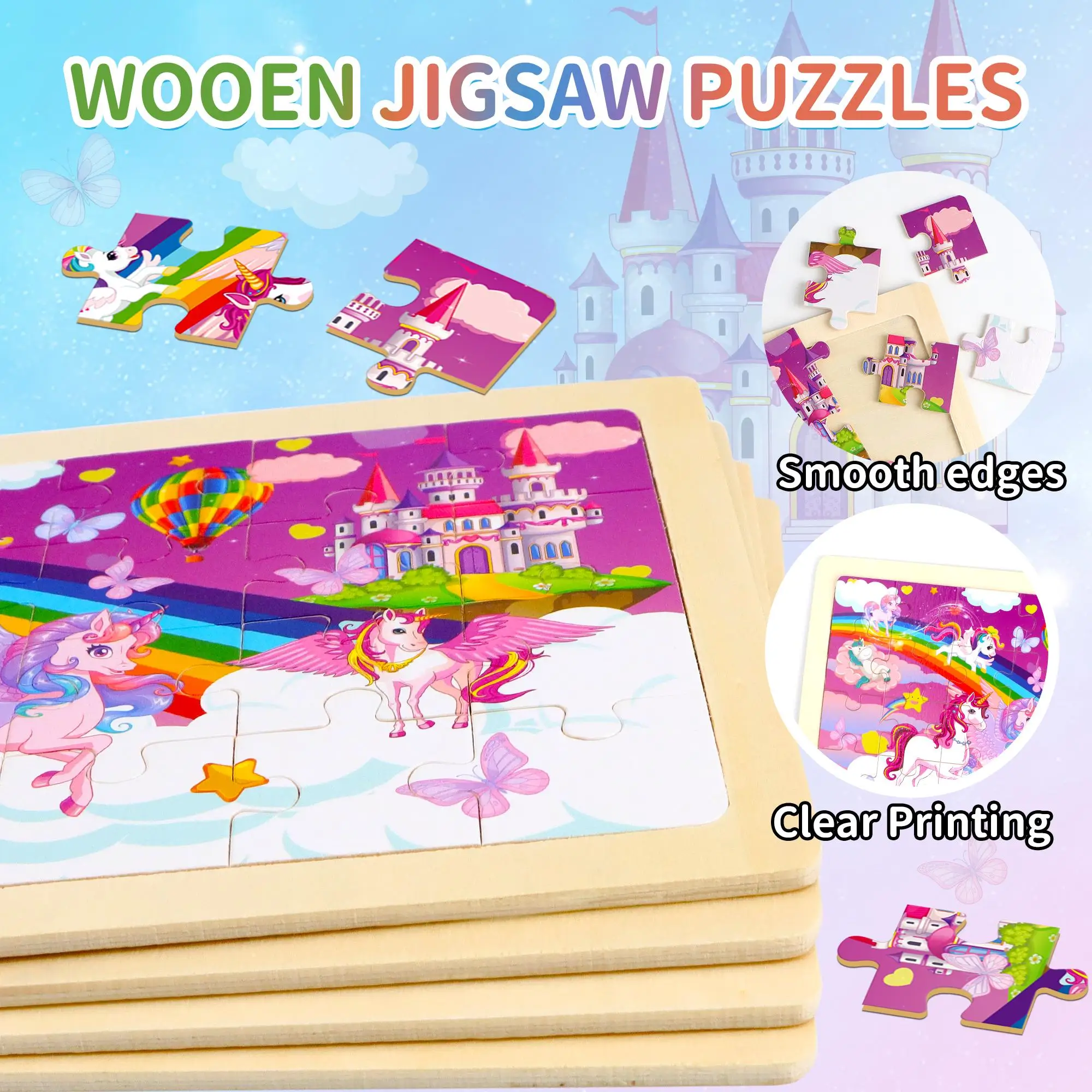 Puzzle in legno per bambini di età compresa tra 3 e 6 anni, design fata sirena principessa unicorno, giocattolo educativo, gioco di apprendimento prescolare in confezione da 4