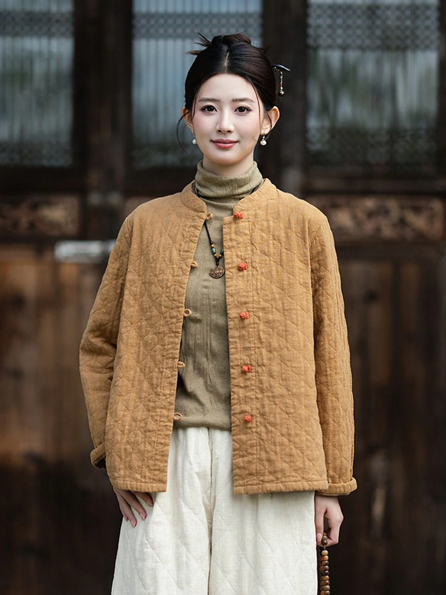 Retro Style Women's Cotton Linen Jacket Quilted Coat Stand Collar Button up Thickened Winter Outerwear Casual Fashion