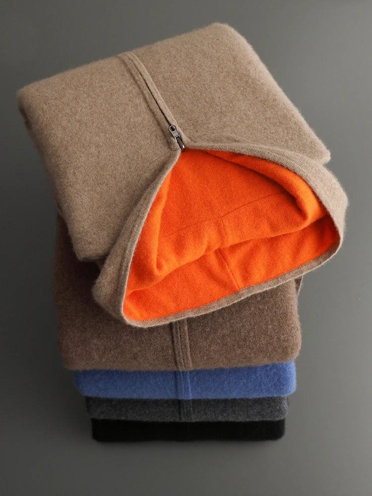 TLOML Men's 100% Cashmere Sweater Hooded Zipper Cardigan Autumn Winter Thicken Double-sided Cashmere Knitwear Casual Style Coat