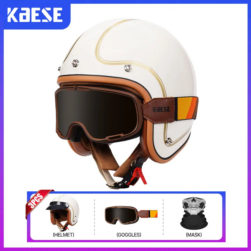 Open Face Motorcycle Helmet Jet Helmet for Men Women Adult Retro Vintage 3/4 Racing Helmets for Scooter Cruiser Moped Pilot DOT