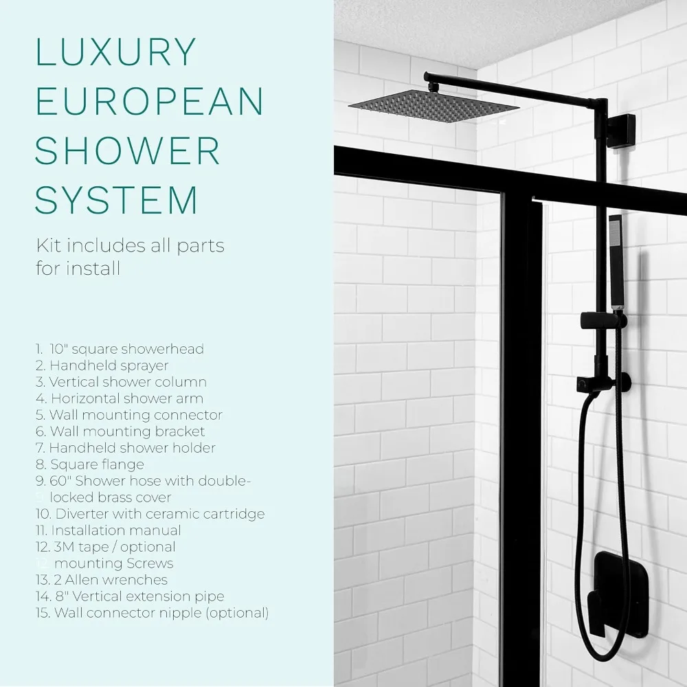 Rain Shower System--includes 10” Square Rainfall Shower Head and Handheld Shower Combo, Height Adjustable, Retrofit, 60” Hose