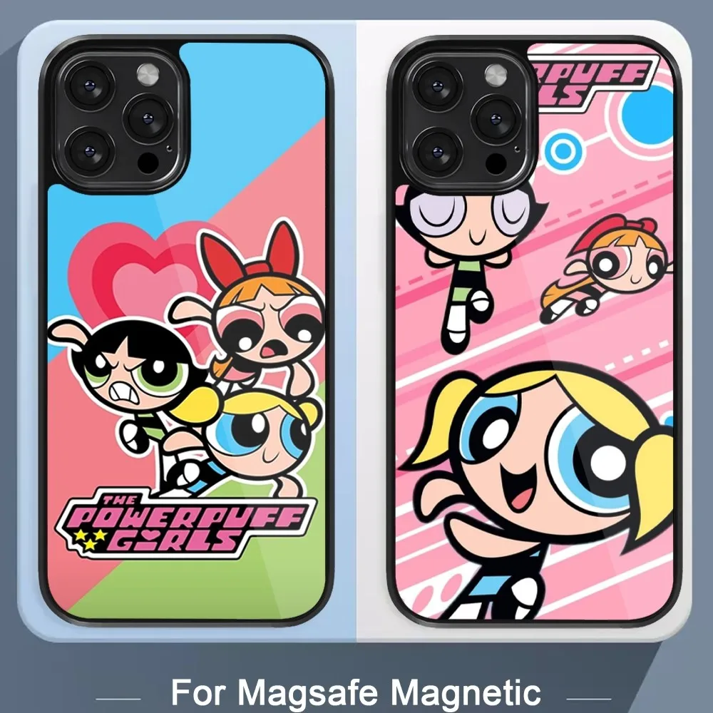 Fashion P-Powerpuff G-Girls Phone Case For iPhone 15 14 13 12 11 Pro Max Plus Mini Magsafe Magnetic Black Cover