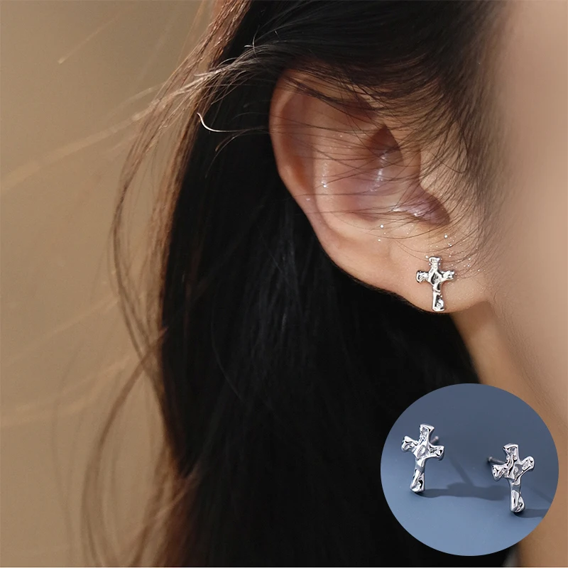 

100% 925 Sterling Silver Cross Earrings for Women Girl Simple Irregular Smooth Geometric Design Jewelry Party Gift Dropshipping