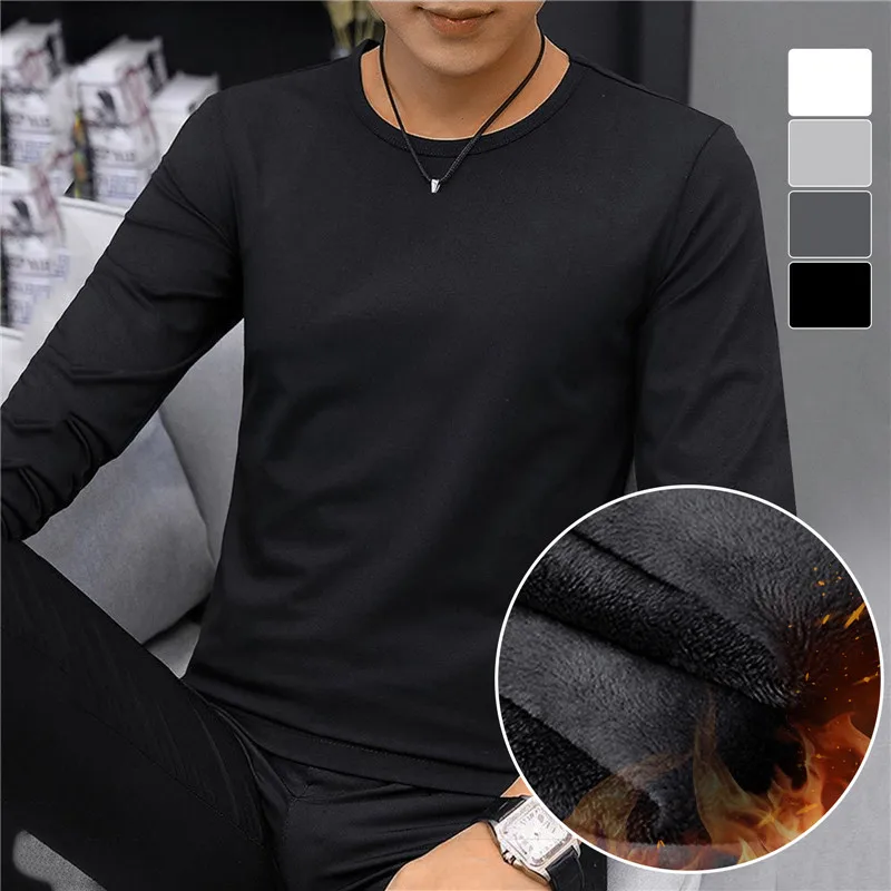 Men Thermal Underwear Tops Winter Long Sleeve Bottoming Shirt Thick Fleece Pullover Warm Clothes Oversize O-Neck Base Tee XL-5XL