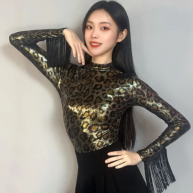 

Women's Premium Shiny Leopard Print Bodysuit New Original Slim Fit Tassel Detail Latin Ballroom Top Ideal for Daily Practice