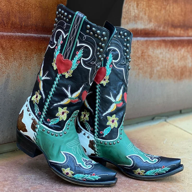 2023 Winter Blue Western Cowboy Boots Women Shoes Thick Heels Pointed Toe Embroidered Mid Calf Boots Fashion Cowgirl Booties