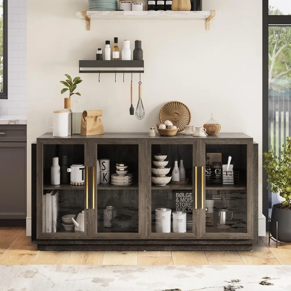 Armoire en bois et verre avec rangement, buffet moderne et spacieux, armoire pour la vaisselle et durable