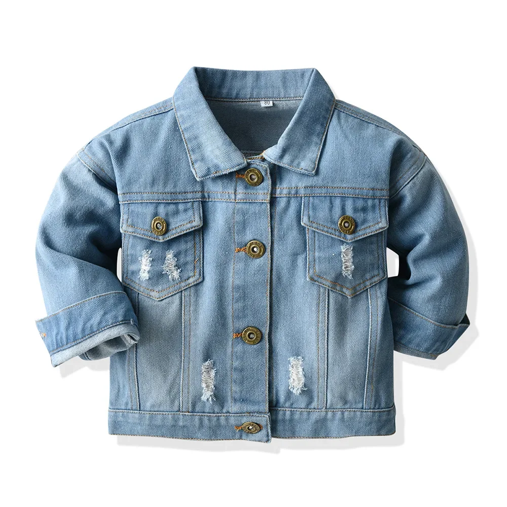 Kid Boy Girl Stylish Blue Series Denim Jacket Distressed Details Front Pockets Metal Buttons Children Outfits Unisex Multi Style
