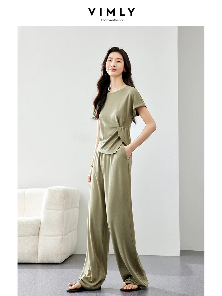 

VIMLY Women Tracksuit Set Stylish Summer Tracksuit Set Solid Short Sleeve Slit Top+Elastic Waist Wide-Leg Pants Matching Sets