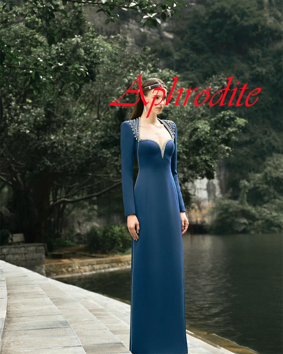 Customized High Quality Blue Jersey Evening Dress Classic Square Collar Long Sleeves Zipper Back Crystal Special Occasion Gowns