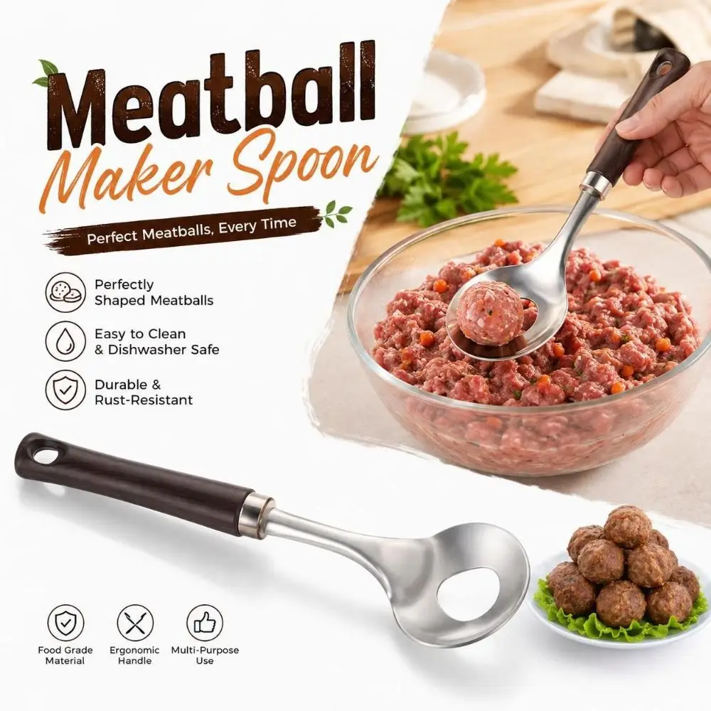 Stainless Steel Meatball Maker Spoon Wood Grain Handle Hanging Hole Meatball Scoop Round Spoon Head Meatball Portioning Tool