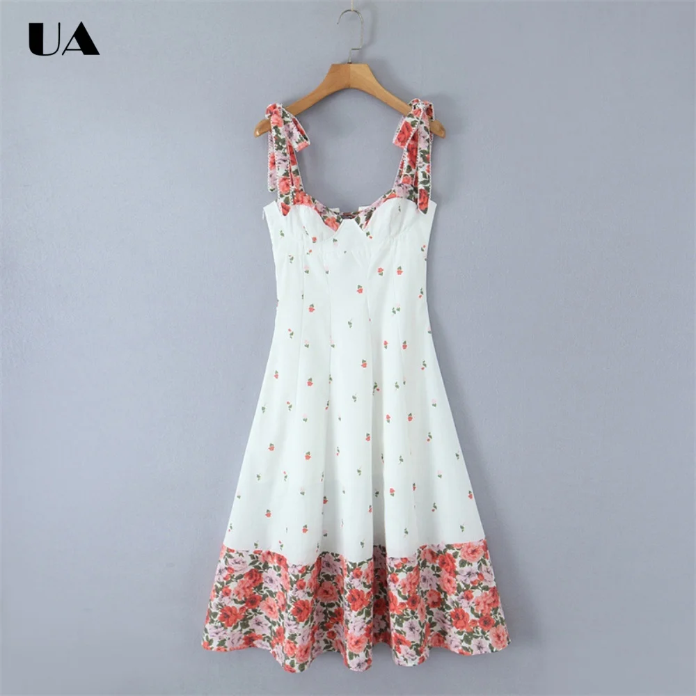 

Fashionable Printed A-line Sweetheart Neck Lace-up Midi Dress Trendy Spaghetti Strap Long Dress Vacation Style Sleeveless Dress