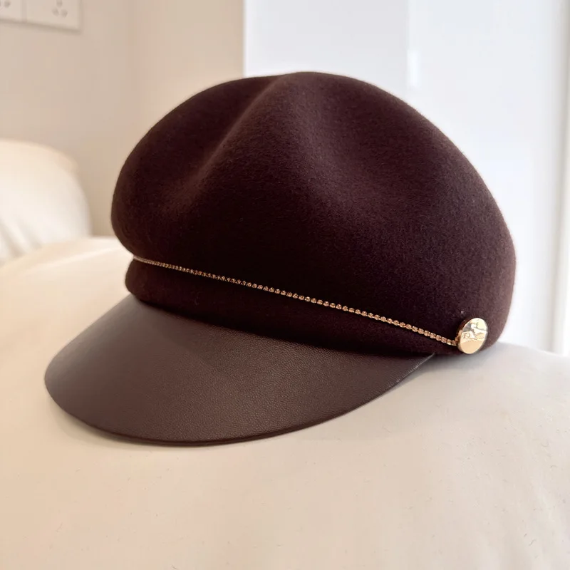 Delicate simple small fragrance rhinestone chain octagon hat High-end Australian wool felt hat chic PU leather brim newsboy hat