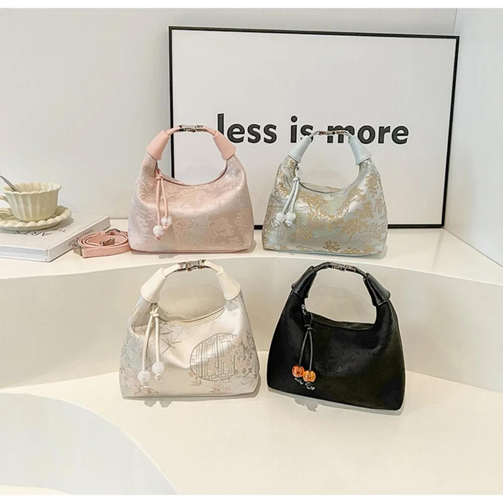 Chinese Style Satin Handbag & Wristlet Floral Bamboo Top Handle Bag with Jade Bead Charm Ideal for Cheongsam & Daily Use