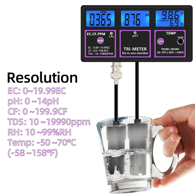 PH-116 6 In 1 Water Quality Tester Digital PH Meter PH/Temp/EC/CF/RH/TDS Monitor Water Detector For Pool EU Plug