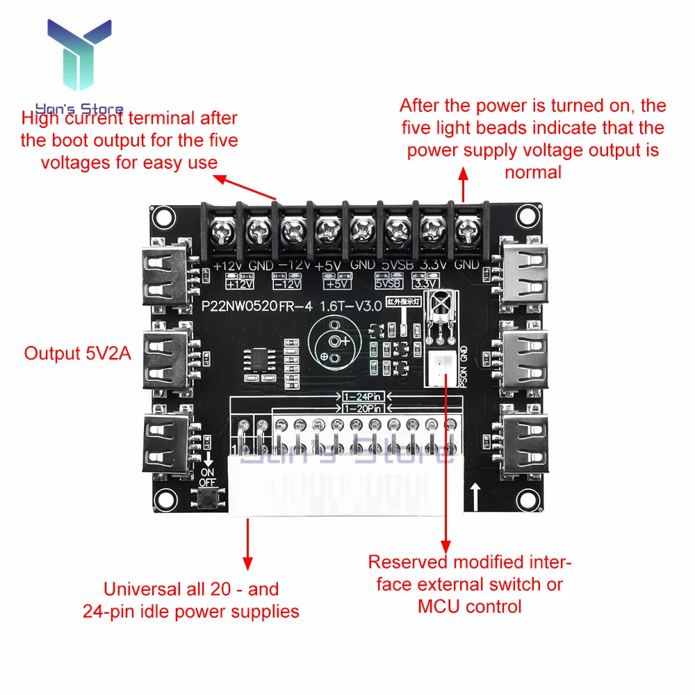 Sạc USB Máy Tính Khung Xe Điện ATX Chuyển Adapter Ban Cung Cấp Điện Cất Đĩa 5V 2A đầu Ra 24 Chân