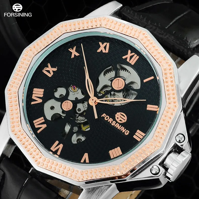 FORSINING Men Creative Mechanical Watch Mens Vintage Skeleton Automatic Watches Leather Strap Casual Wristwatches