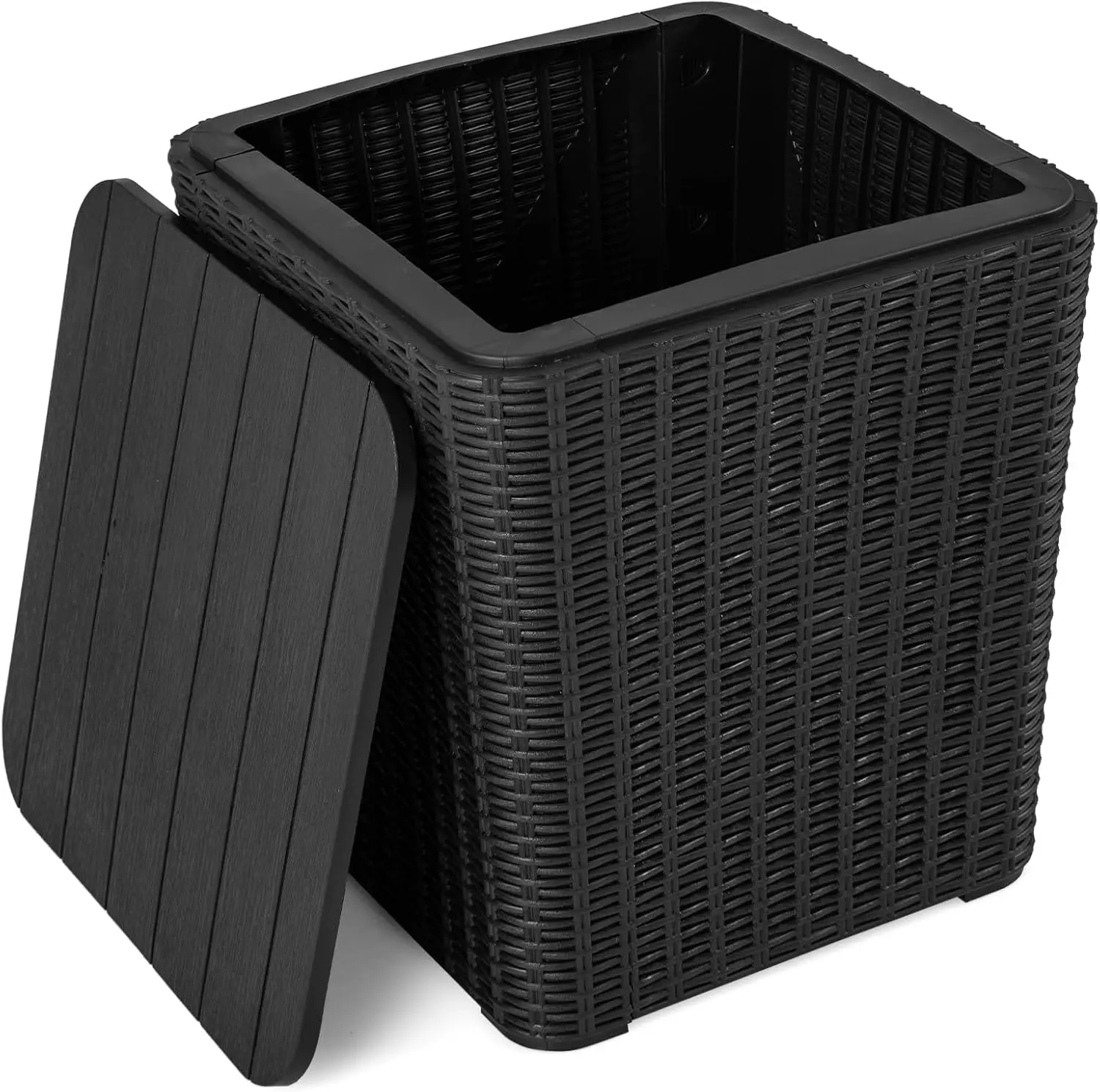 

11.5 Gallon Deck Box, Outdoor Side Table with Removable Lid, Faux Wicker-Woven, 330Lbs Capacity, Outside Waterproof Storage