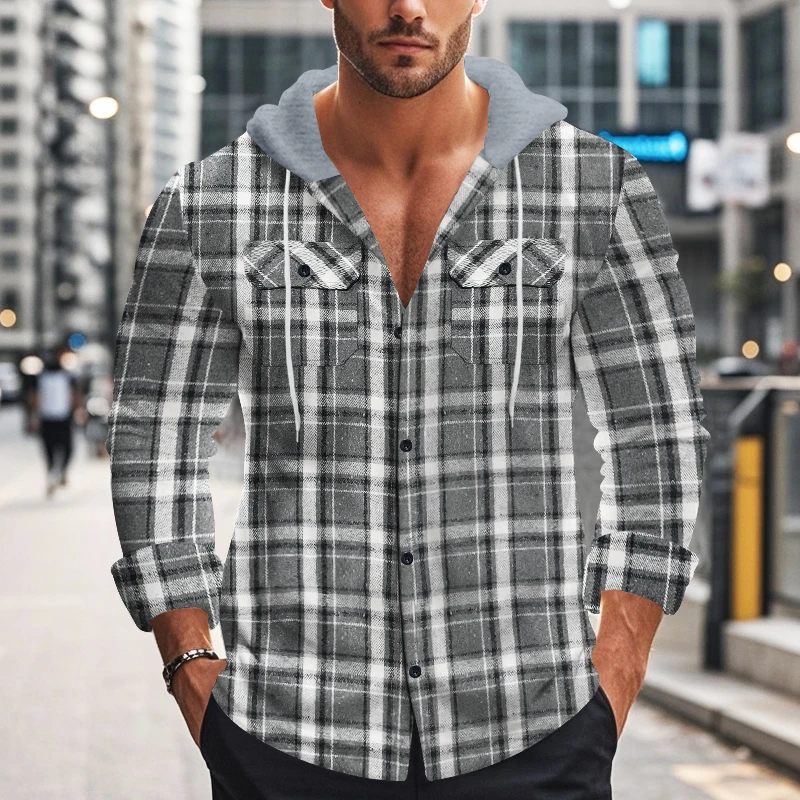 American vintage Autumn Winter men's plaid shirt Hooded flannel jacquard Jacket Men's Fashion casual Coat Fashion Men's Clothes