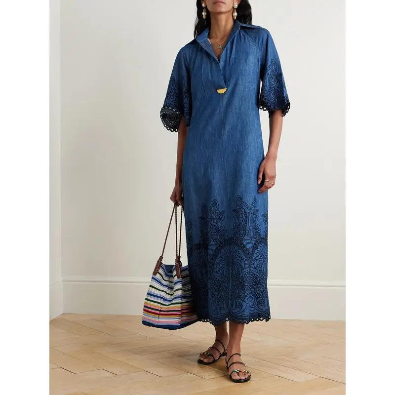 

Pure Cotton Embroidery 2025 High Quality Denim Series New Holiday Women Long Dress