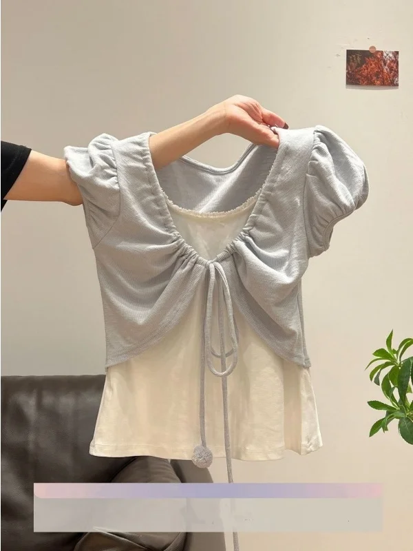 

Новая летняя женская футболка с коротким рукавом, плиссированная, на шнуровке, с эффектом двухслойности, с поясом, приталенная, с рукавами-фонариками