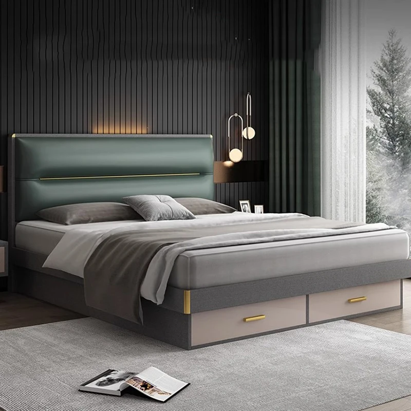 

Master Custom Headboard Bed Luxury Large Wooden Leather Double Bed Bedroom Bedding Storage Muebles Para Dormitorio Furniture