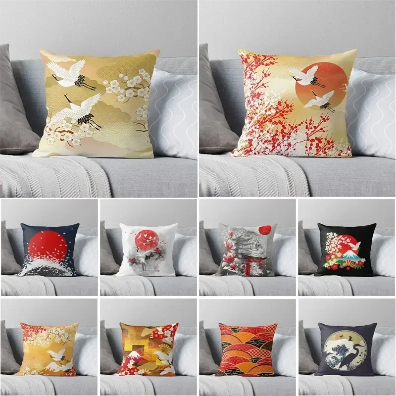 Chinese Style Cushion Cover Crane Print Home Decor Living Room Office Sofa Pillow Cover Peach Skin Pillow Pillowcase