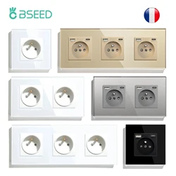 BSEED Single French Power Socket Double Wall Sockets USB Type-c AC Phone Charging Ports Triple Electric Outles Glass Frame 16A