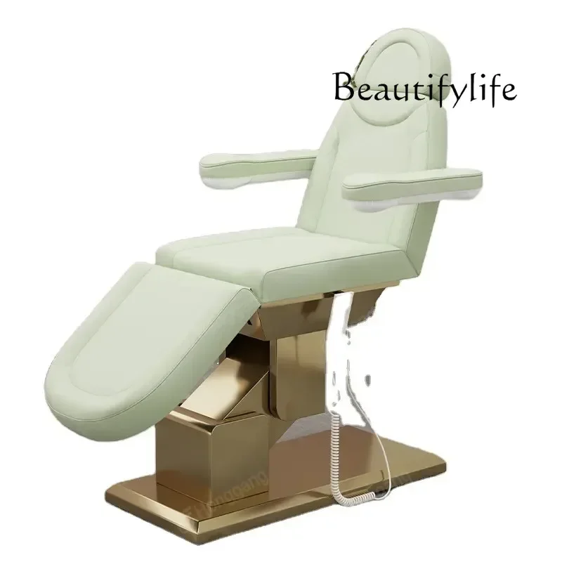 for Beauty Salons Electric Lift Beauty Care Bed Tattoo Couch Micro-Finishing Golden Base with Armrest Head Hole