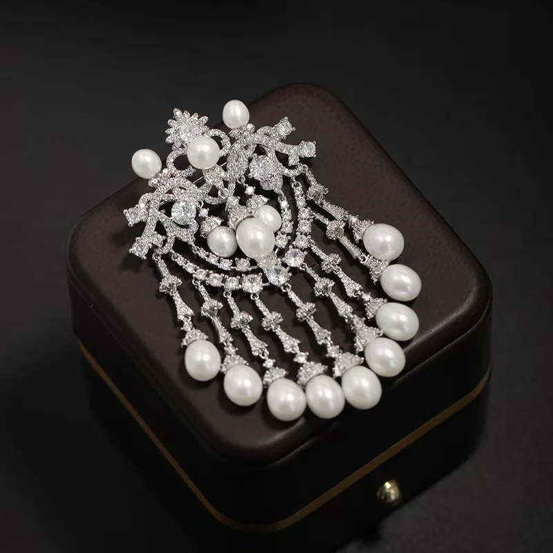 Jewelry Freshwater Pearl Vintage Accesories white zircon tassel Brooch FPPJ wholesale