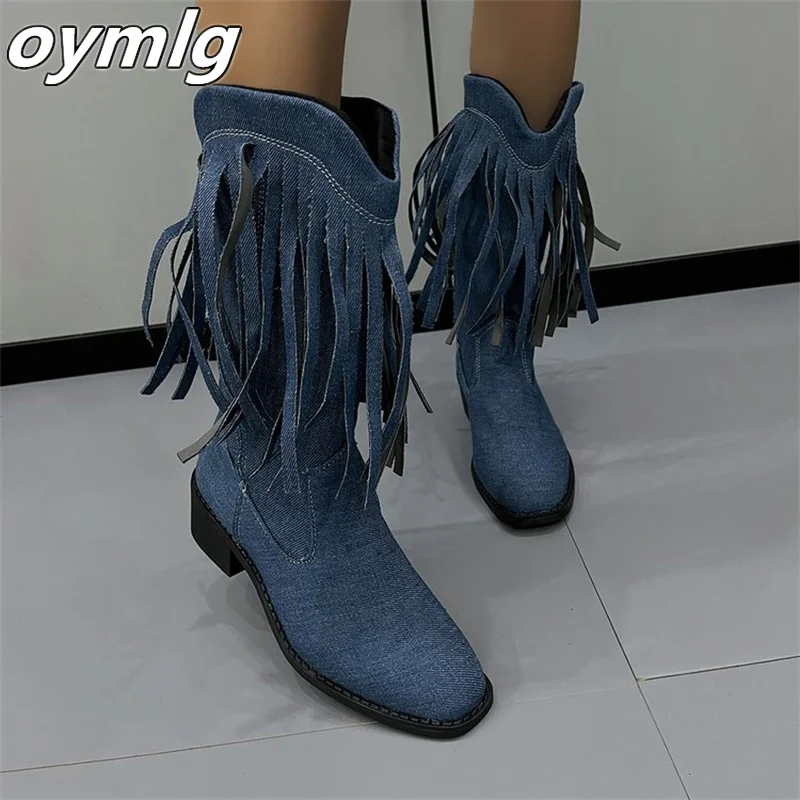 

2023 Autumn and Winter New Vintage Tassel Boots Women's Pointed Thick Heels Solid Western Denim Short Boots