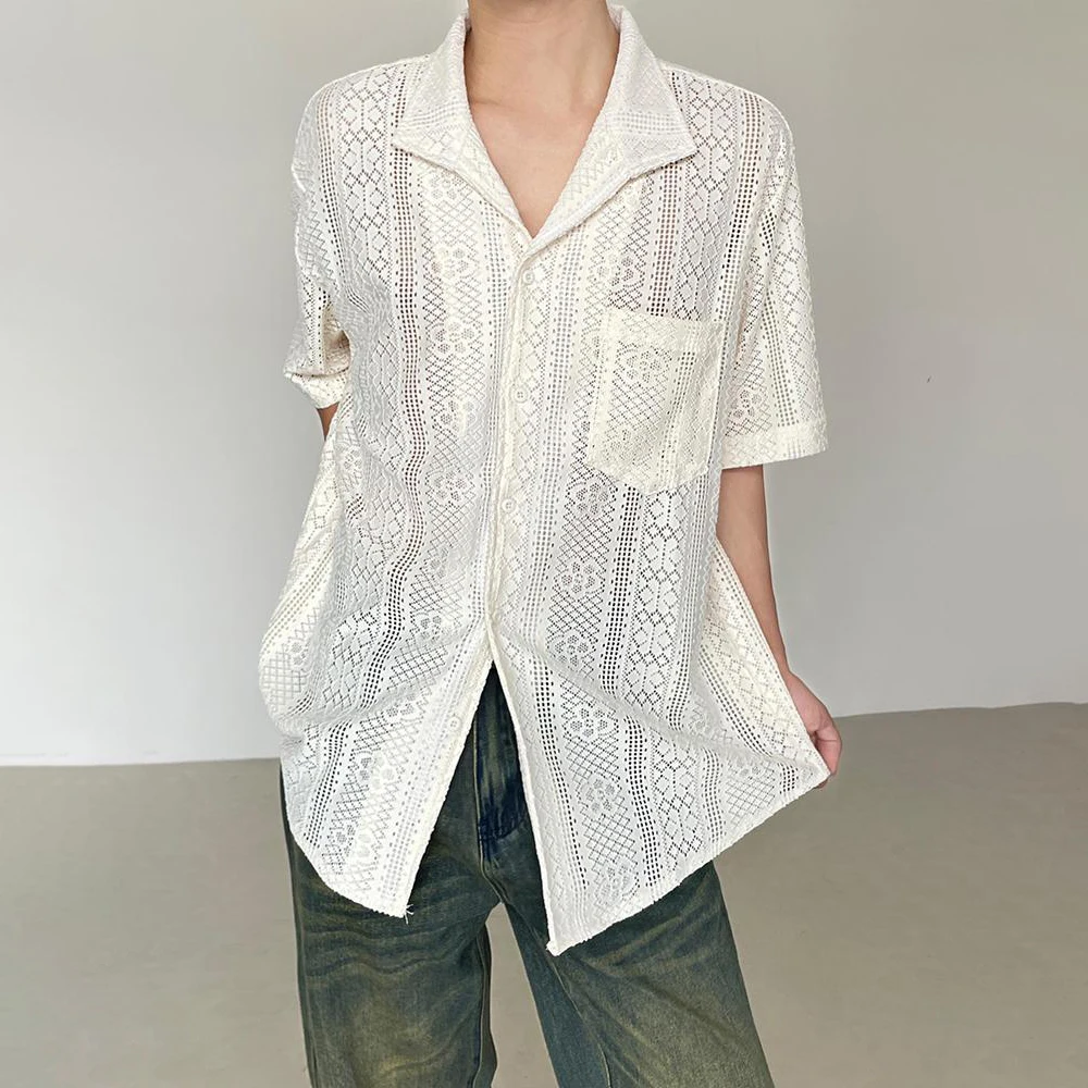 

Summer New Male Solid Color Hollow-Out Short-Sleeve Shirt American Retro Fashion Trendy Street Casual Loose Breathable Men's Top