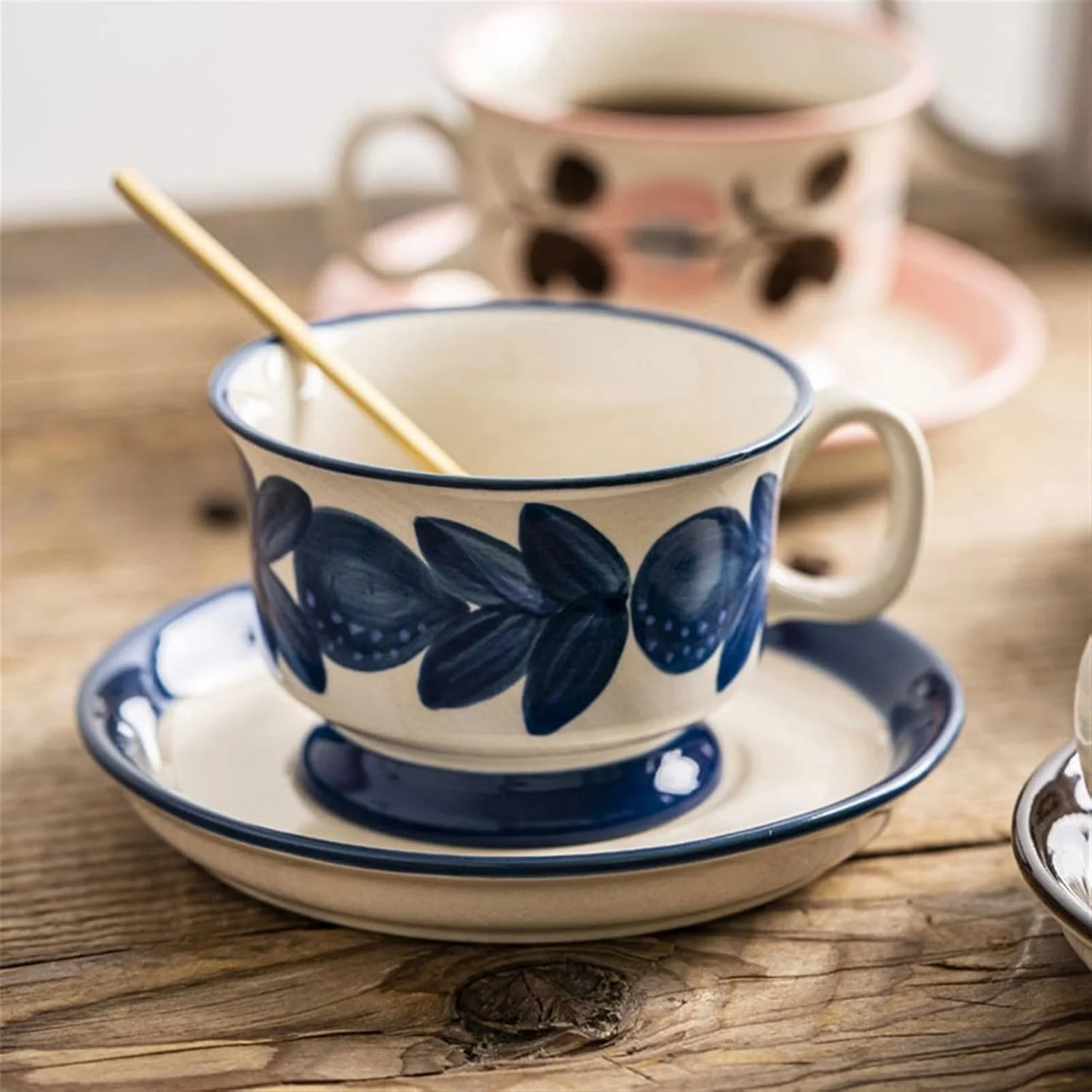 手描きのヴィンテージマグカップセット |   セラミックティーカップ＆ソーサー |   200ML コーヒーマグ |   カラー：ビッグブルーマグ