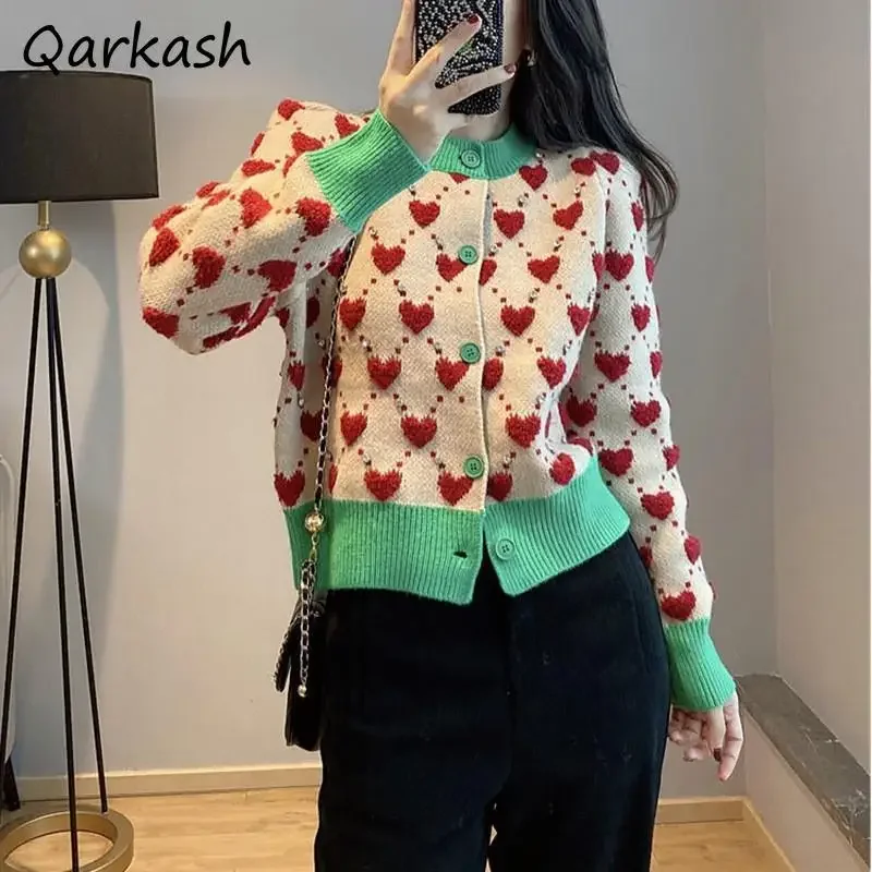 Cardigan Tops Women Patchwork Love Pattern Knitted Autumn Winter New O-neck Sweaters Aesthetic Popular Contrasting Colors Street