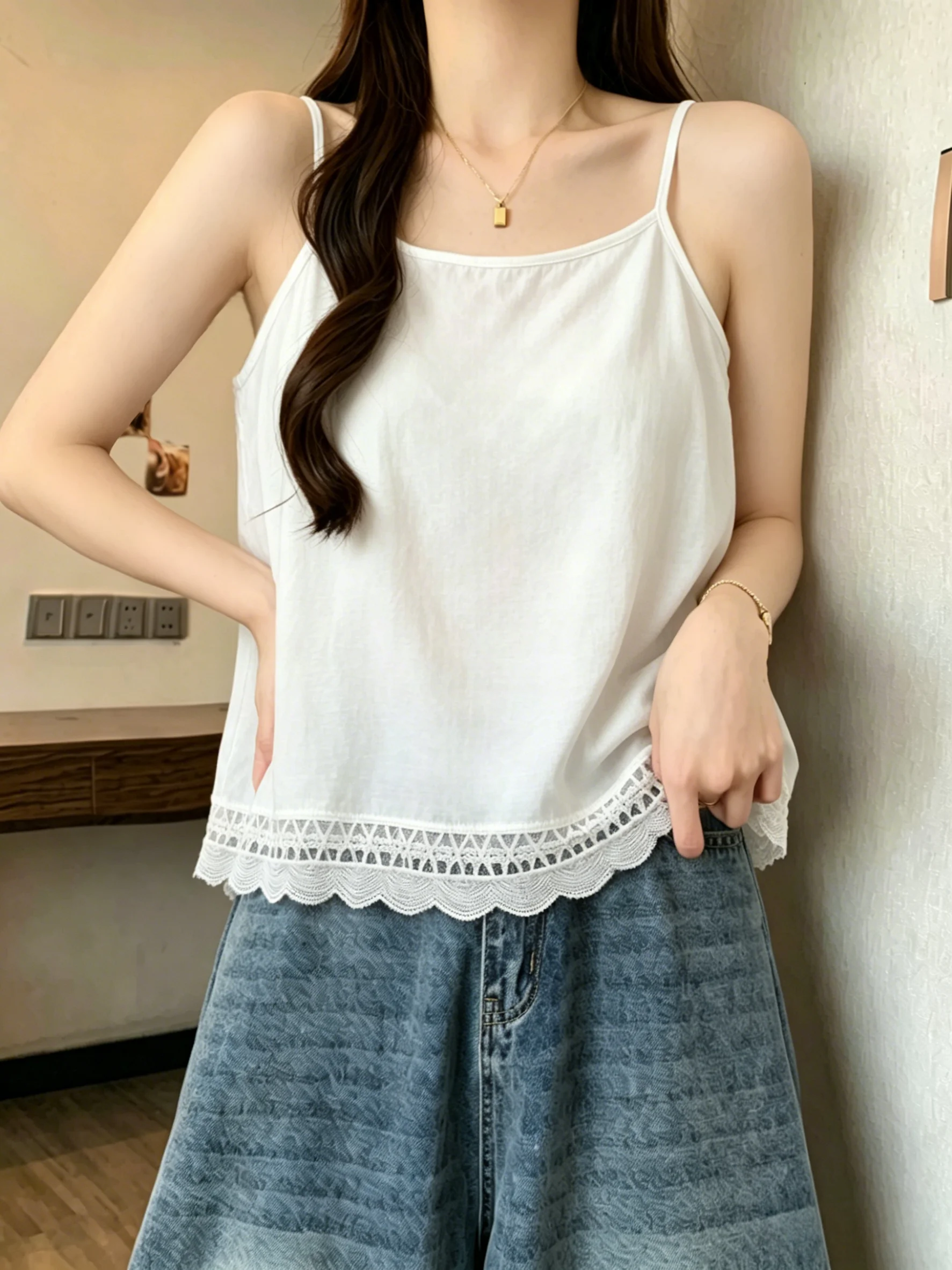 Summer New Style Women's Lace Crop Top Loose Fit Sleeveless Vest 95% Cotton Comfortable Breathable Tank Top for plus Size