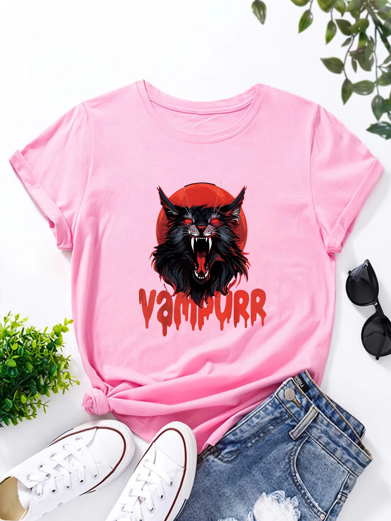 Vampurr Coon Spooky Vampire Halloween Maine Coon Cat Women\'s Casual Summer T-Shirt O-Neck Tops Femminile Tee Graphic Tshirt