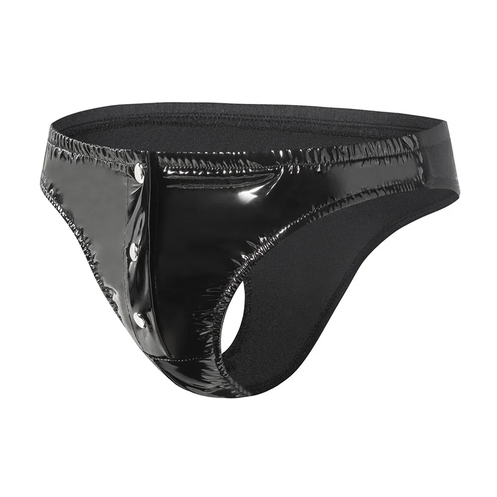 

Men Sexy Leather Low Waist Briefs Gay Underwear Button Open Crotch Underpants Faux Leather Erotic Briefs Lingerie Sissy Panties