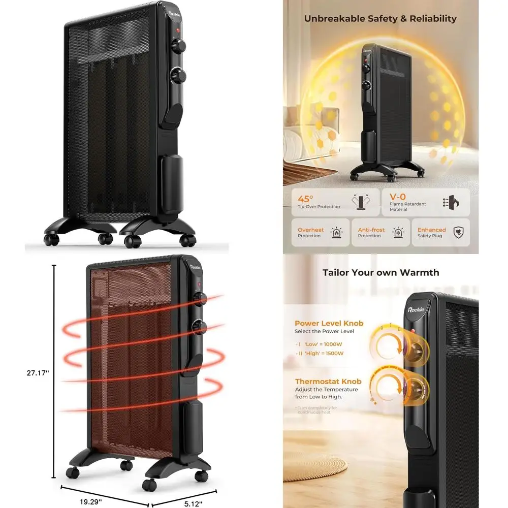 

1500W Indoor Space Heater with Thermostat, 2 Heat Modes, Quiet, Portable for Home Office, 120V Black