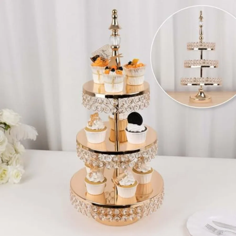 3-Tier Crystal Beaded Gold Metal Cake Stand Cupcake Tower Dessert Display Stand with Round Mirror Top - 26