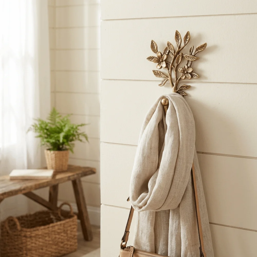 Golden Finish Leaf Shaped Wall Hooks Elegant Design Stable Structure Decorative Hanger Set Sturdy Alloy Strong Bearing