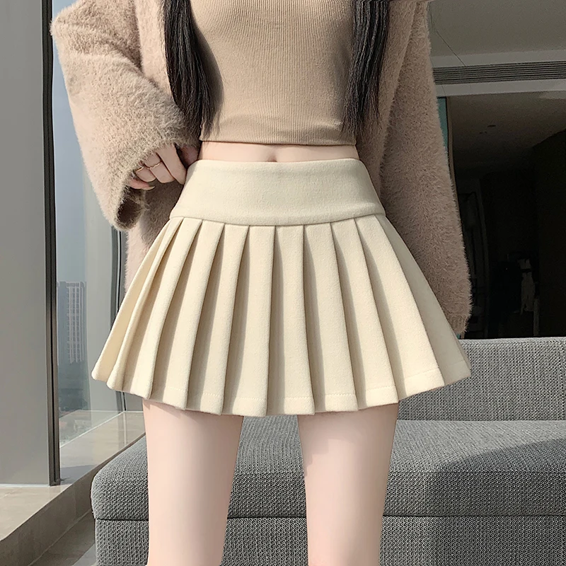 2026 New Sweet Spicy Woolen Pleated Mini Skirt Women High Waist A-Line Short Skirt Autumn Winter All-match Skort With Liner