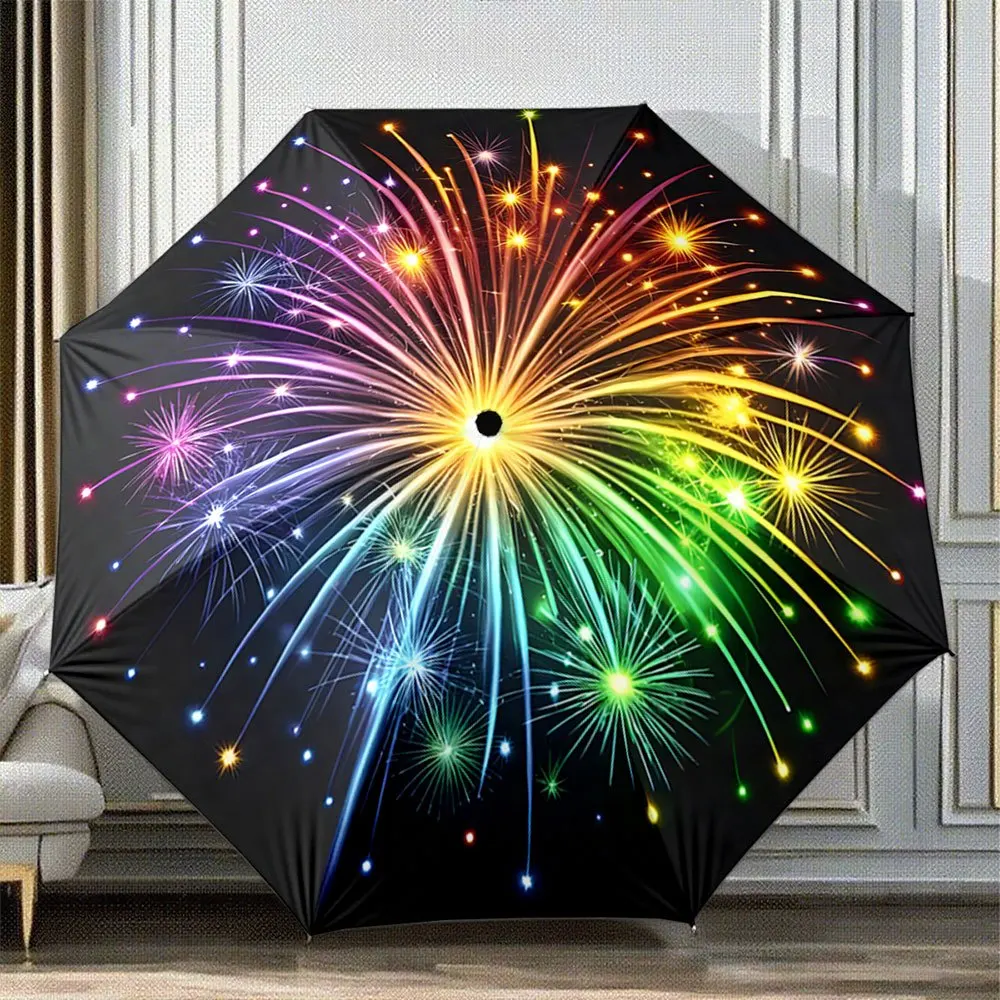 

[Рождество] Автоматический складной зонт с красочным принтом в виде фейерверков. Портативный складной дизайн, повседневный аксессуар для активного отдыха, Christ