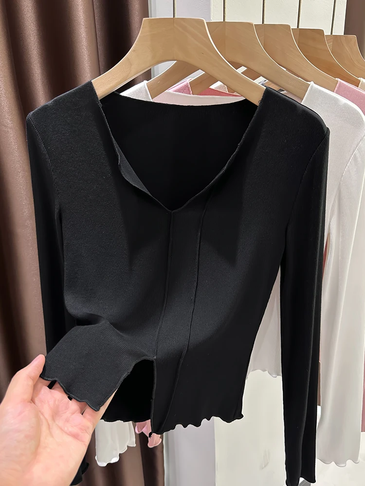 

Ele V-Ne Knitted T-irt Women's Spring Autumn New Sle Side Slit Flared Sve Modal Base irt Bla High-End Top