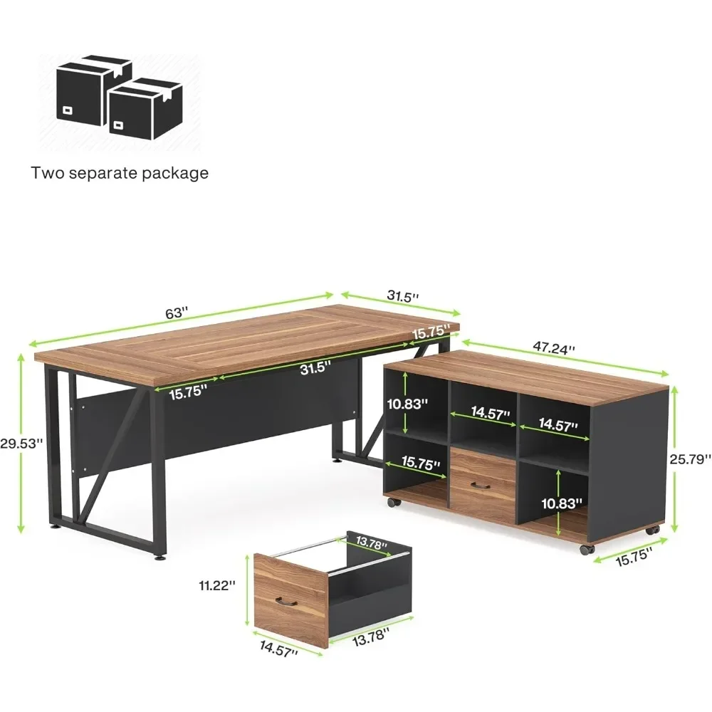 Mesa executiva em forma de L com gaveta, armário de arquivo vertical, mesa do computador, Home Office, móveis de negócios, 63 pol