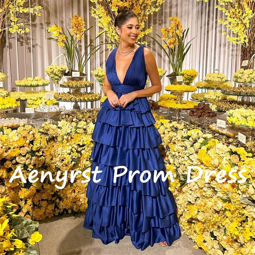 Aenyrst Deep V Neck Spaghetti Strap Evening Dresses Satin A Line Tiered Prom Gowns Floor Length Dinner Party Dress فساتين السهرة