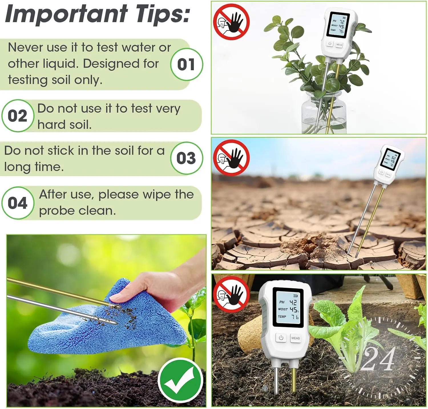 Medidor de suelo Digital LCD 3 en 1, probador de PH/humedad/temperatura de suelo con retroiluminación para plantas de casa, jardín, granja de césped