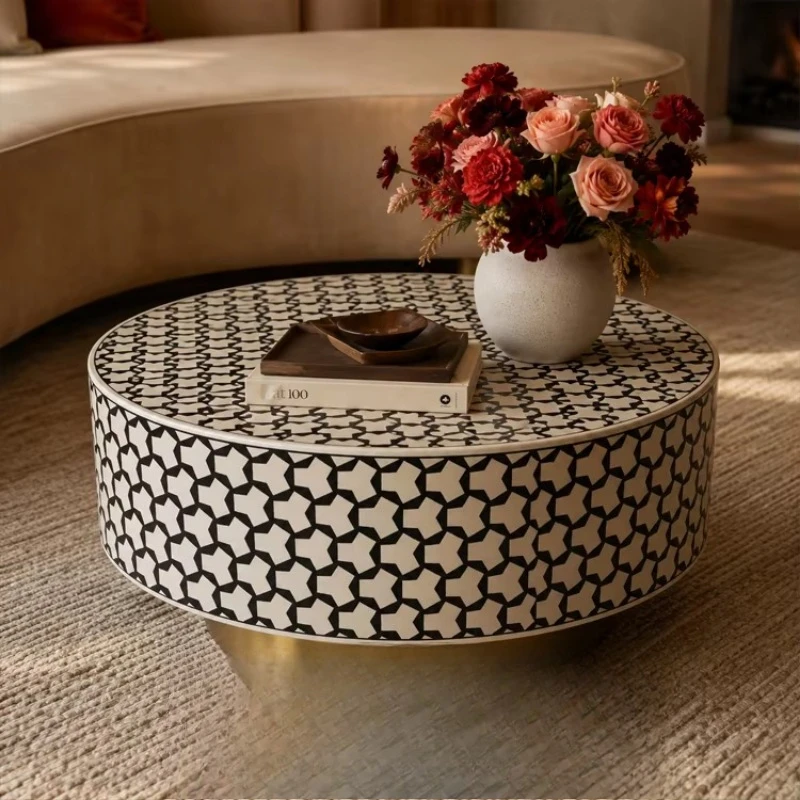 Living room modern retro star pattern round black and white marble gold metal base decoration home coffee table