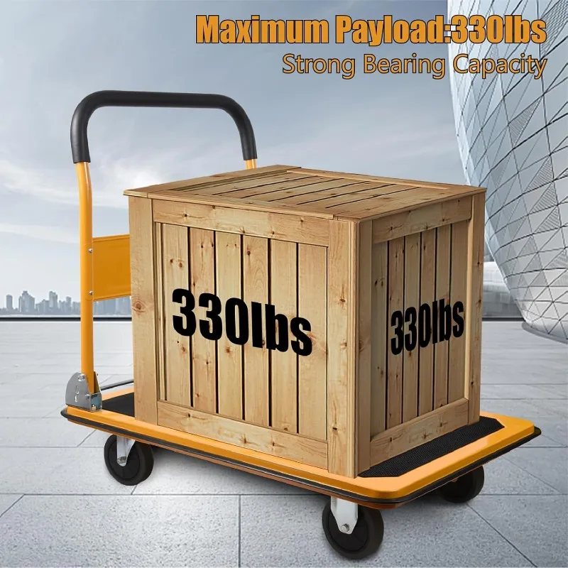 Foldable Push Cart Platform Cart 330lbs Capacity 4 Wheels 28.7x18.5x32.3inches Yellow with 2 Ropes Small Flatbed Cart