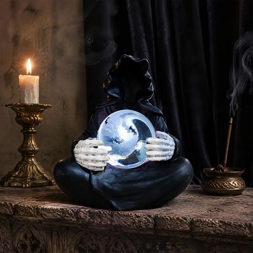 Grim Reaper Figurine Faux Ball Grim Reaper Statue Black Robed Sculpture Mysterious Glowing Orb Figurine for Home Party Decor